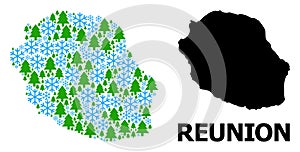 New Year Composition Map of Reunion Island of Snow Flakes and Fir Forest