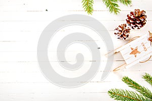 New Year composition on a wooden table. Christmas background. Flat lay.Top view