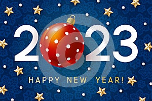 New Year concept - 2023 numbers with Christmas ball and starry decor on blue snowflakes background for winter holidays design