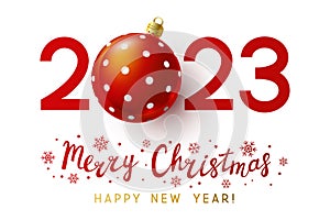 New Year concept - 2023 numbers with Christmas ball on white background  for winter holidays design