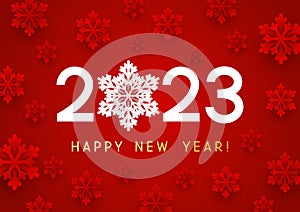 New Year concept - 2023 numbers on red background with paper snowflakes for winter holidays design 4