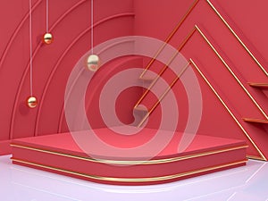 New year concept 3d rendering gold sphere red scene wall floor corner abstract minimal christmas holiday