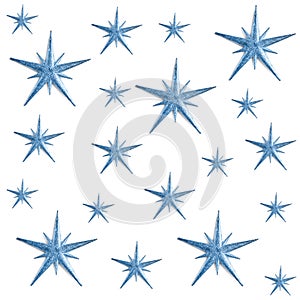 New year concept. a pattern of Christmas decor in the form of a blue star on a white background. top view, flat layout, square