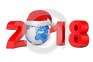 2018 New Year Concept. Santa Hat over Earth Globe. 3d Rendering