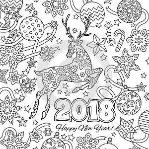 New year congratulation card with numbers 2018, deer and festive objects. Zentangle inspired style. Zen colorful graphic