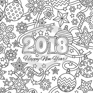 New year congratulation card with numbers 2018 and festive objects. Zentangle inspired style. Zen colorful graphic