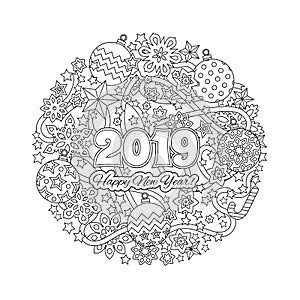 New year congratulation card with numbers 2018 on winter holiday background. Christmas mandala. Antistress coloring book