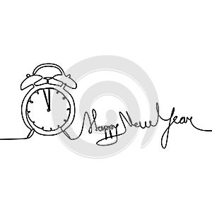 New year continuous line drawing with clock and typography vector illustration