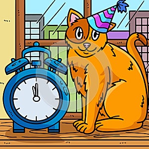 New Year Countdown Cat And Clock Colored Cartoon