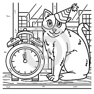 New Year Countdown Cat And Clock Coloring Page