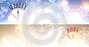 New Year 2024 countdown clock over background with fireworks and defocused lights. Horizontal blue and golden banners