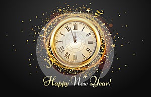 New Year countdown watch. Holiday antique clock with golden confetti, Happy New Year greeting card vector illustration