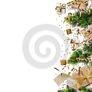 New year craft gifts with gold ribbon, serpentine, christmas branches and stars confetti isolated on white