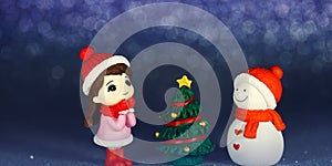 New Year cute toy decorations on a dark blue sparkling background. Small figures of a snowman and a child