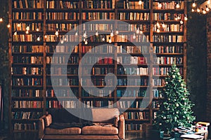 New year decorated room bookcase lights christmas tree sofa photo