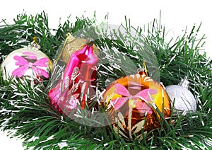 New Year decoration-balls, green tinsel