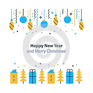 New year decoration element, winter holidays background, Christmas celebration, festive postcard, vector flat illustration