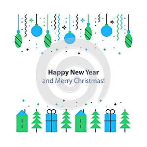 New year decoration element, winter holidays background, Christmas celebration, festive postcard, vector flat illustration