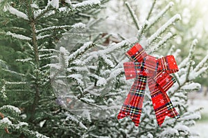 New year decoration red big bow on a snow-covered branch. Christmas tree toy on the branches of a fir tree covered with snow,