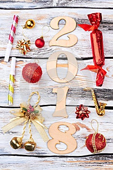 New Year decoration on wooden background.