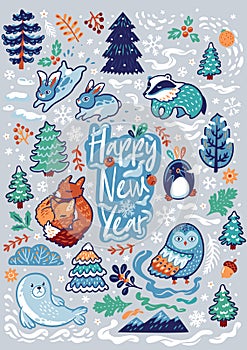 New Year card with decorative animals, calligraphy and forest elements. Vector illustration