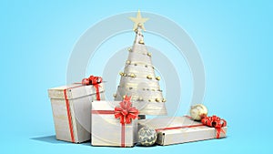 New year decorative Christmas tree and new year Gift Boxes 3d render on blue gradient