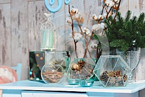 New Year Decorative Composition.Focus on the cones on the right