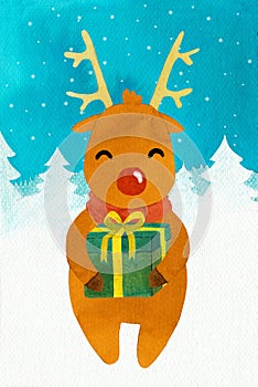 New year deer Rudolf with a gift