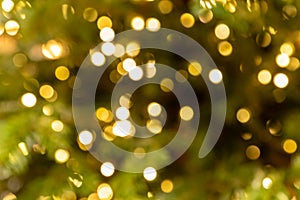 New year defocused background. Garland blurred golden lights sparkling on a christmas tree