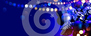 New Year design background blue color baubles decoration background. Art design backdrop