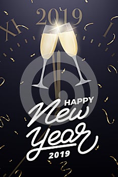 New Year design. Layout with champagne glass above midnight on the clock, confetti and New Year 2019 lettering