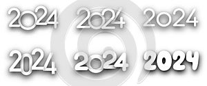 New Year 2024 different paper numbers for calendar header on white background