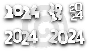 New Year 2024 different paper numbers for calendar header on white background