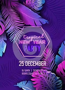 New Year Disco Tropic Party Vector Poster, Christmas Summer Holiday Flyer, Neon monstera palm leaves design