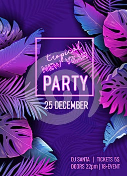 New Year Disco Tropic Party Vector Poster, Christmas Summer Holiday Flyer, Neon monstera palm leaves design