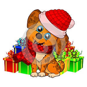 NEW year 2018 doggy. Happy Dog cartoon. christmas dog with red scarf.
