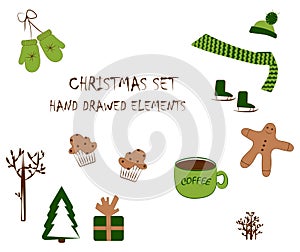 New year doodle set. Isolated Icons of Christmas elements in green and brown on a white background. vector.