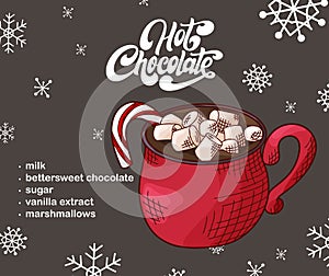 New Year drink recipe. Card with hand drawn element and snowflack. Vector illustration for menu, cafe, restaurant with