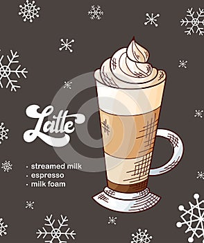 New Year drink recipe. Card with hand drawn element and snowflack. Vector illustration for menu, cafe, restaurant with