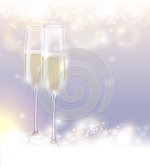 New Year Eve celebration background two glasses champagne. Abstract sparkling light magic glitter. Glow bright festive holiday