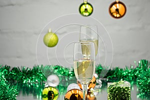 New Year`eve champagne , Christmas tree background