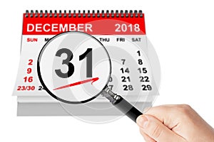 New Year Eve Concept. 31 December 2018 calendar with magnifier