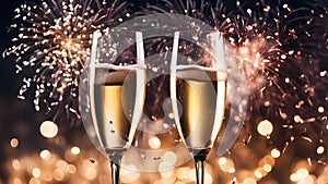 A New Year Eve party with fireworks, champagne, and confetti