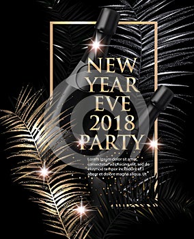 New year eve Party invitation card with christmas tree branches. Gold and black.