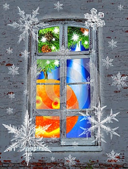 New Year fantasy with large snowflakes, retro window with smiling orange mandarin, sparkling evergreen branch and blue projector