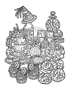 New Year Feast Isolated Adults Coloring Page
