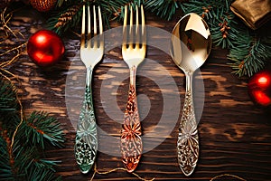 New Year festiv table sets. Fork spoon knife