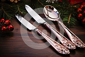 New Year festiv table sets. Fork spoon knife