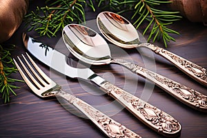 New Year festiv table sets. Fork spoon knife photo