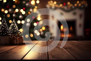 New Year festive empty wooden table blurred background Christmas banner